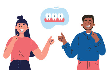 Trendy young woman and man with teeth braces. Dental care. People showing their smile with dental braces.Vector cartoon illustration isolated on white background. Colorful flat style. Character design