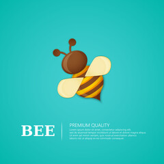 Honey label premium quality title. Paper cut style bee with  Bee. Template design for beekeeping and honey product. Blue background, vector illustration. 