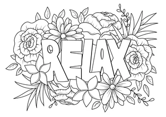 Poster Relax word with floral pattern antistress coloring page for adult in doodle sketch style, vector illustration © stock_santa