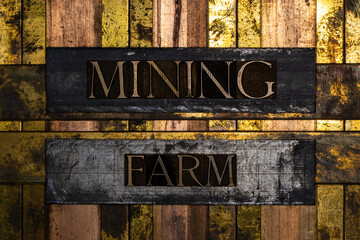 Mining Farm text on textured grunge copper and vintage gold background
