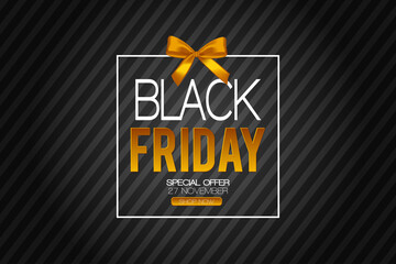 Black Friday sale inscription design template and banner. Discount offer presentation. Creative concept for sales season.  Vector illustration on black background with present and golden ribbon