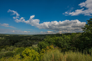 white clouds on the blue sky and forest and meadows.