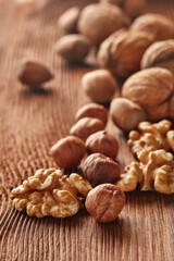 Walnuts and hazelnuts. Still life from whole nuts and kernels on brown textured wooden background. Selective focus on kernels