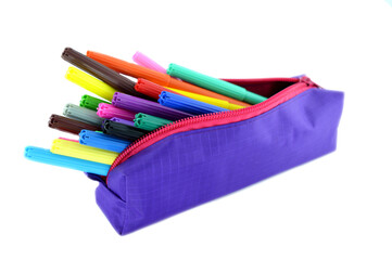 Children's pencil case with felt-tip pens on a white background.