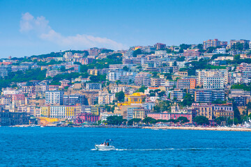 Mediterranean landscape. Sea view of the Gulf of Naples. Cityscape of Naples, view of Mergellina district. The province of Campania. Italy.