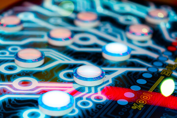 Close-up of an electronic arcade game. Board game button abstraction