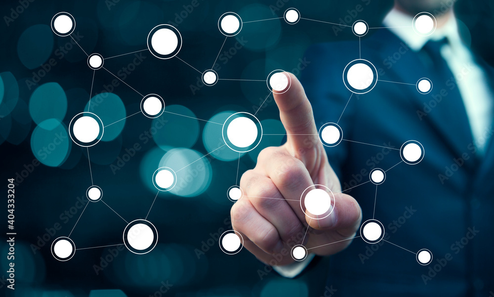 Poster man touching network in screen