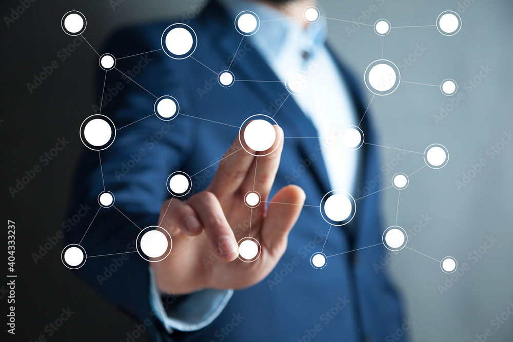 Poster man touching network in screen
