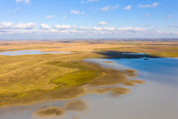 Aerial view of beautiful sodic lakes at Kiskunság National Park, Fülöpszállás Hungary....