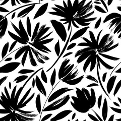 Black aster vector seamless pattern. Hand drawn silhouettes of spring chrysanthemum flowers. Dry brush style floral motives. Black paint illustration with branches and leaves. Monochrome print