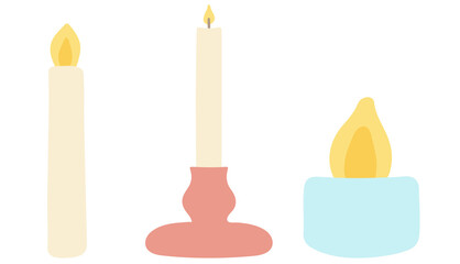 A set of burning candles with a candlestick. Hand drawn vector illustration. Isolated elements on a white background