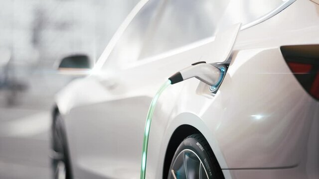 Сharging electric car. Electric car charging at a charging station. 3d visualization