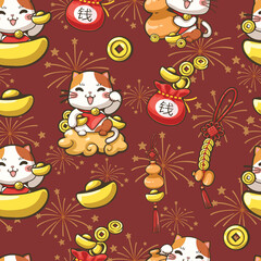 Seamless pattern of lucky cat, mascot, fetish and fireworks. Cartoon characters about lucky things. This cute illustration design can be used as decoration for both print and digital media as well.
