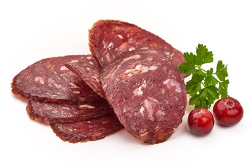 Dry sausage slices, cured sausages, isolated on white background