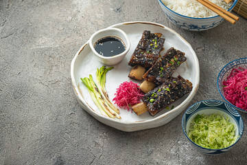 Tender Beef short ribs with radish and rice, copy space - 404335615