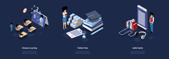Education Concept Illustrations In Cartoon 3D Style. Three Different Isometric Vector Compositions On Dark Background. Distance Learning, Tuition Fees And Audio Study Books With Characters And Objects