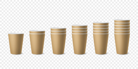 Vector 3d Realistic Brown Paper Glossy Disposable Cup Set, Stack of Cup for Beverage, Drinks Isolated. Coffee, Soda, Tea, Cocktail, Milkshake. Design Template of Packaging for Mockup. Front View