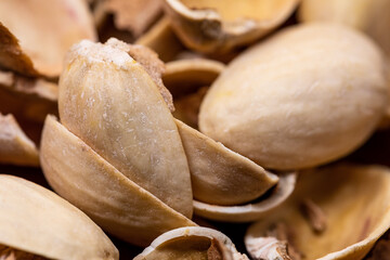 A Macro of pistachio shells after shelling and being eaten as a snack.