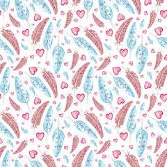Naklejka premium Seamless pattern of watercolor on feathers a white background. Repeat feathers. Use for invitations, birthdays 