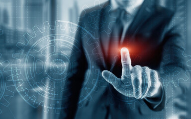 Businessman hand draws gear to success concept. 3D Gear Virtual Screen.