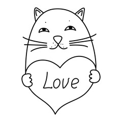 Hand drawn vector illustration of a funny cat face with text Love written inside the heart. Isolated objects on white background. Cute valentine's greeting cards with doodle cats