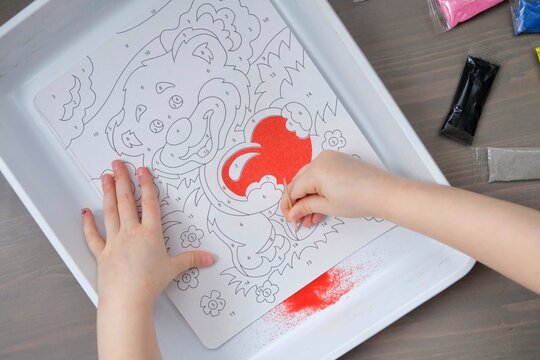 Painting For Drawing With Colored Sand. Mural. The Concept Of Children's Creativity. Children Art Project. DIY Concept. Step By Step Photo Instruction.View From Above. Work With Children And Adults 