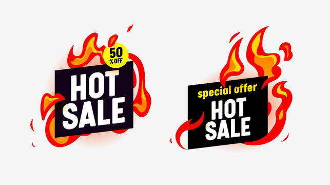 Hot Sale Banners with Burning Fire and Typography for Social Media Marketing. Special Offer for Shop or Discounter