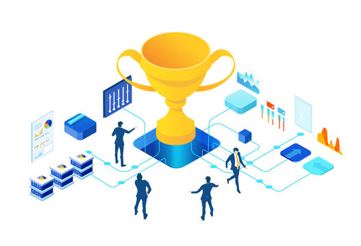 Isometric 3D business environment with business people working and communicating around trophy. Technology, success, internet, data protection and personal security concept