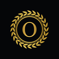 Golden Letter O laurel wreath template logo Luxury gold letter with crown. Monogram alphabet . Beautiful royal initials letter.	