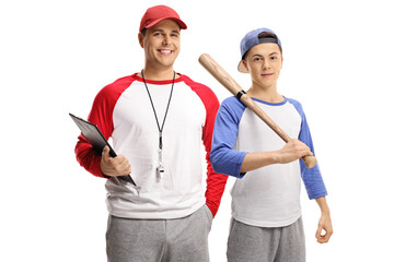 Baseball coach with a whistle and a clipboard and a teenae boy holding a bat