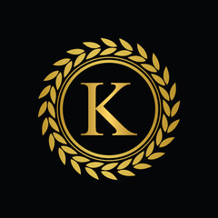 Golden Letter K laurel wreath template logo Luxury gold letter with crown. Monogram alphabet . Beautiful royal initials letter.	