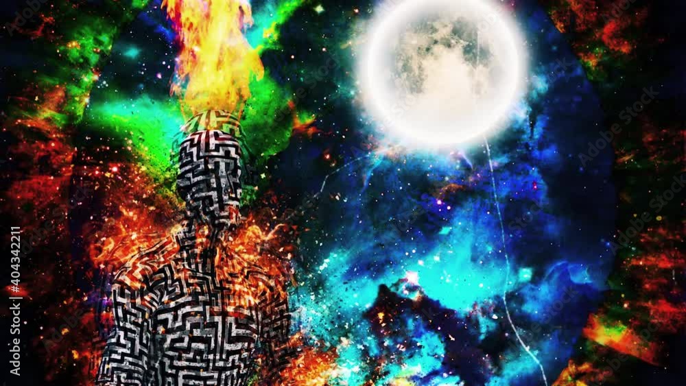 Poster surrealism. burning figure of man with maze pattern in lotus pose. vivid universe on background