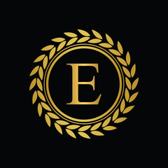 Golden Letter E laurel wreath template logo Luxury gold letter with crown. Monogram alphabet . Beautiful royal initials letter.	