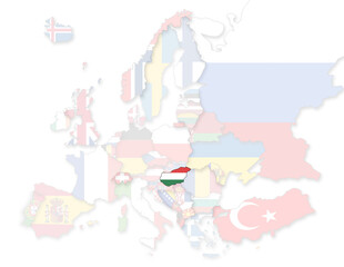 Europakarte auf der Ungarn hervorgehoben wird und die restlichen Flaggen transparent sind