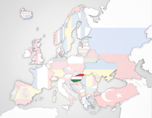 Europakarte auf der Ungarn hervorgehoben wird und die restlichen Flaggen transparent sind