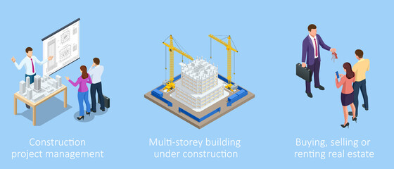 Isometric Construction Project Management. Professional Contractors and Engineers Characters. Building Investment