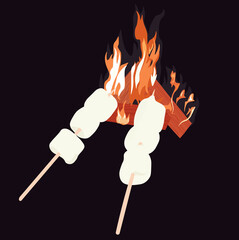 Marshmallow on fire vector stock illustration. Night trip, rest. Hot marmalade on the fire. Realistic. Poster. meeting with friends in nature.