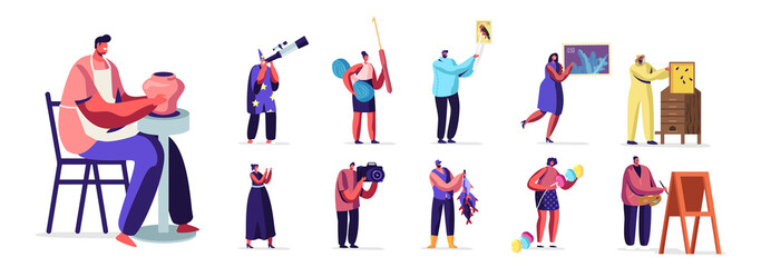 Set of People with Different Hobby. Male and Female Characters with Telescope, Postal Stamps, Knitting Tools, Apiary