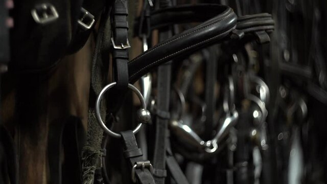  Bridles, stirrups and reins hang in the horse stable, slow camera wiring
