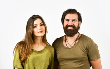 How male cosmetics are different from female. Couple in love. Sexy couple. Bearded man and woman. Fashion and beauty. Valentines day. Man with girlfriend. Relationship and dating. Modern couple