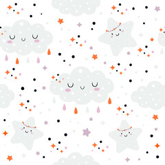 Seamless pattern with sleeping clouds, drops and smiling little star. Pastel colors. Childish illustration. Perfect for baby, nursery textile, fabrics. Cute adorable background