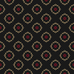 Vector ornamental seamless pattern. Elegant geometric ornament with flower silhouettes, diamonds. Abstract floral background in black, red and gold color. Vintage texture. Repeat decorative design