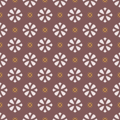 Vector geometric floral seamless pattern. Simple ornament with flower silhouettes, crosses, diamond shapes. Abstract ornamental background in brown, yellow and gray color. Retro vintage style design