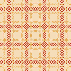 Ethnic ornament. Vector geometric seamless pattern with rhombuses, squares, triangles, grid. Tribal motif. Red and yellow abstract background texture with simple shapes. Vintage style. Repeat design