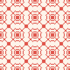 Vector geometric traditional folk ornament. Ethnic seamless pattern. Ornamental background with small squares, crosses, snowflakes, floral shapes, grid. Texture of embroidery, knitting. Red color