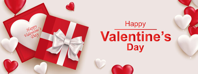 Fototapeta na wymiar Happy Valentines day horizontal web banner. Realistic gift box with bow, red and white heart. Beautiful banner for holiday poster, greeting cards, header, landing page, website. Vector illustration.