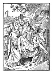 14th or fourteenth Station of the Cross or Way of the Cross or Via Crucis. Jesus is laid in the tomb.Bible,New Testament.Antique vintage biblical religious engraving or drawing.