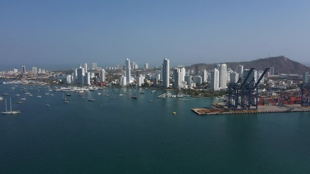 Cargo port in the modern city Colombia aerial view.