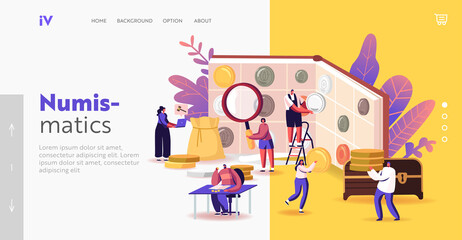 Numismatics Landing Page Template. Tiny Characters at Huge Album with Coins Collection. Numismatists Collect Old Coins