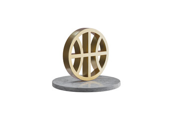 3D icon of basketball on isolated white background. Shiny golden icon on marble cylinder. 3D render of modern icon